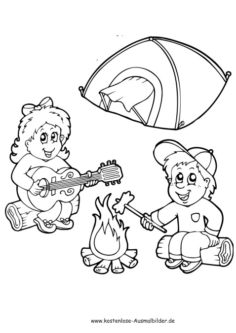 Kinder am Lagerfeuer - Camping ausmalen | Malvorlagen
