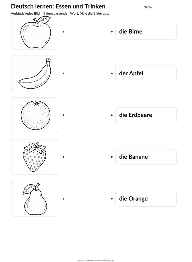 Ausmalbild Zuordnung Birne Apfel Erdbeere