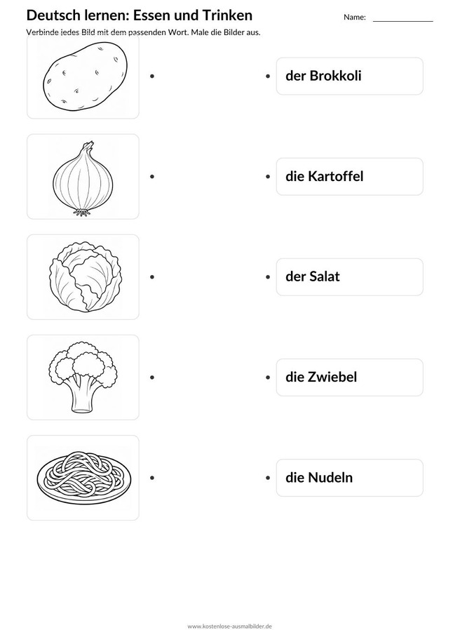 Ausmalbild Zuordnung Brokkoli Kartoffel Salat