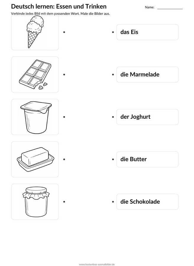 Ausmalbild Zuordnung Eis Marmelade Joghurt