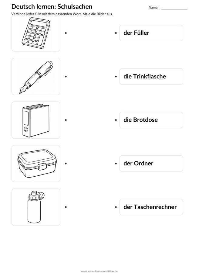 Ausmalbild Zuordnung Füller Trinkflasche Brotdose