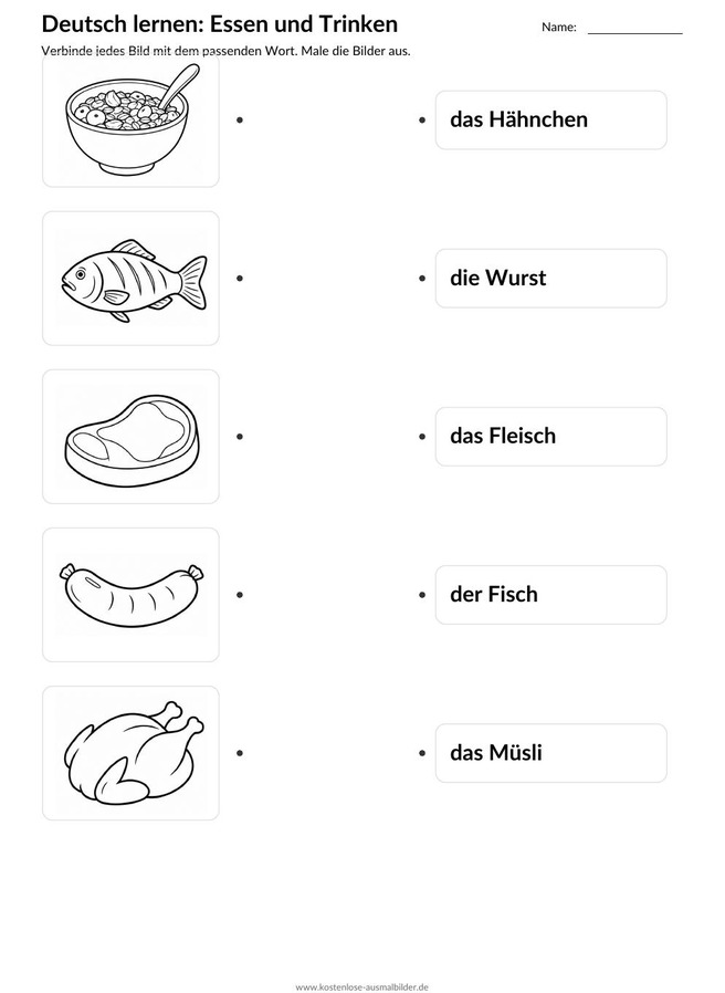 Ausmalbild Zuordnung Hähnchen Wurst Fleisch