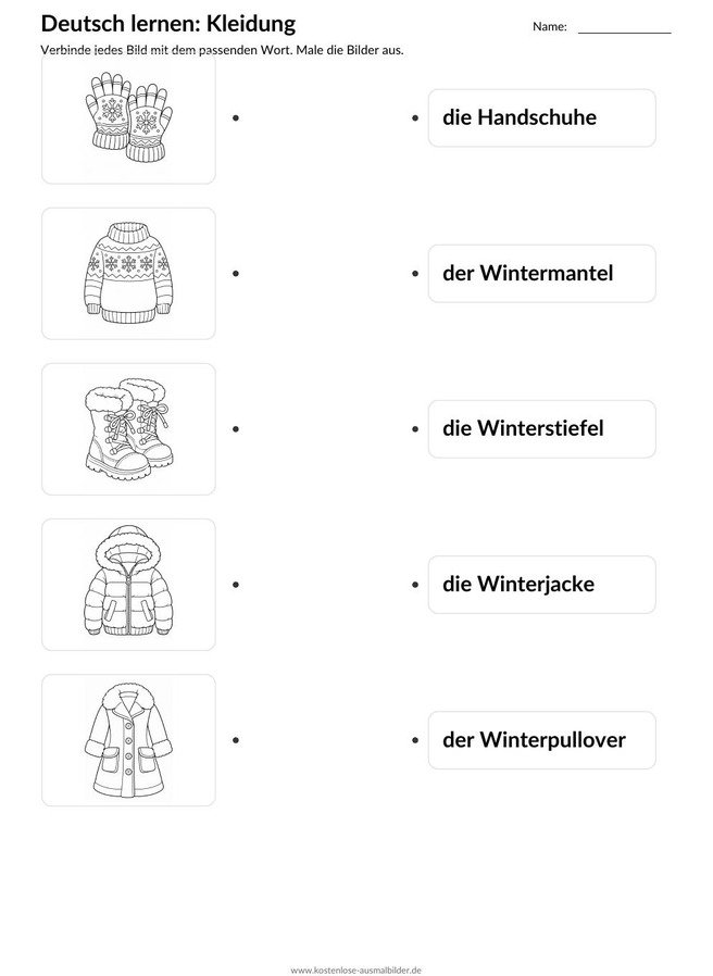 Ausmalbild Zuordnung Handschuhe Wintermantel Winterstiefel