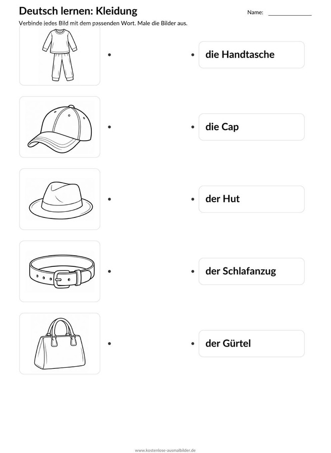 Ausmalbild Zuordnung Handtasche Cap Hut