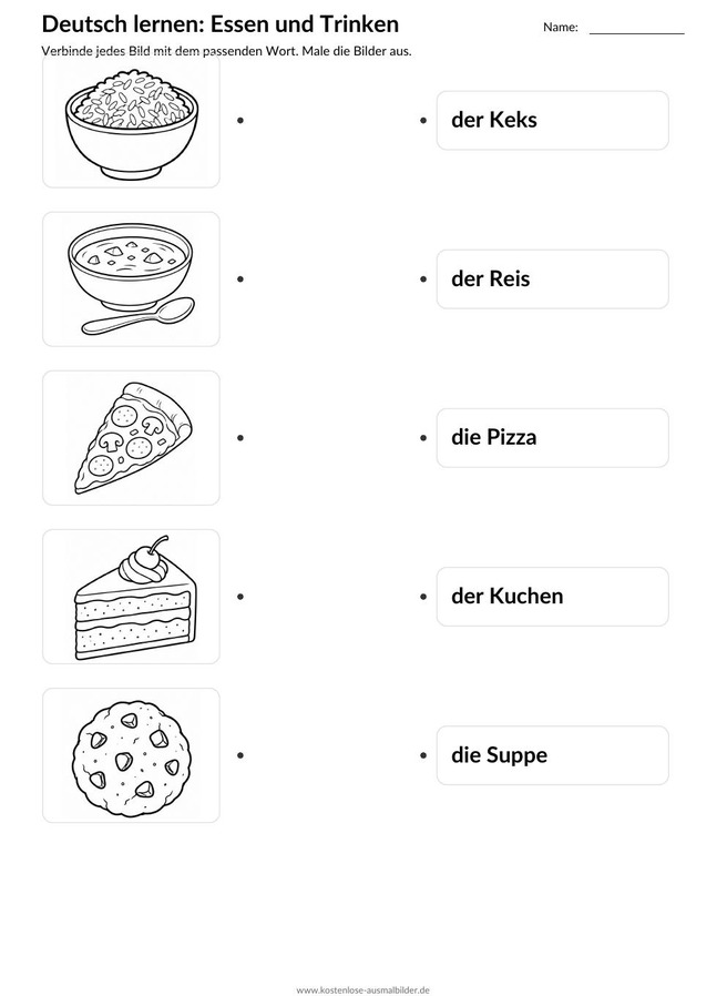 Ausmalbild Zuordnung Keks Reis Pizza