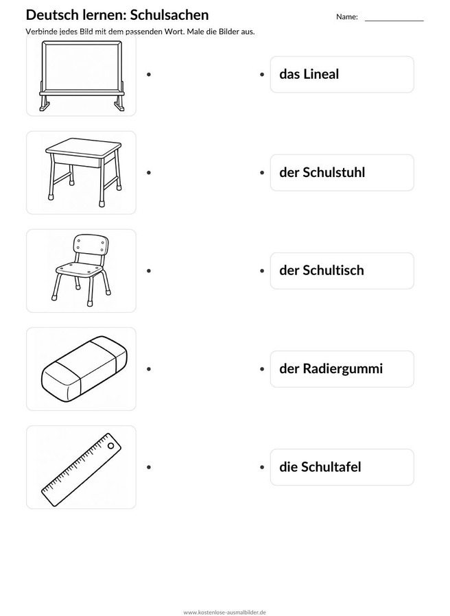 Ausmalbild Zuordnung Lineal Schulstuhl Schultisch
