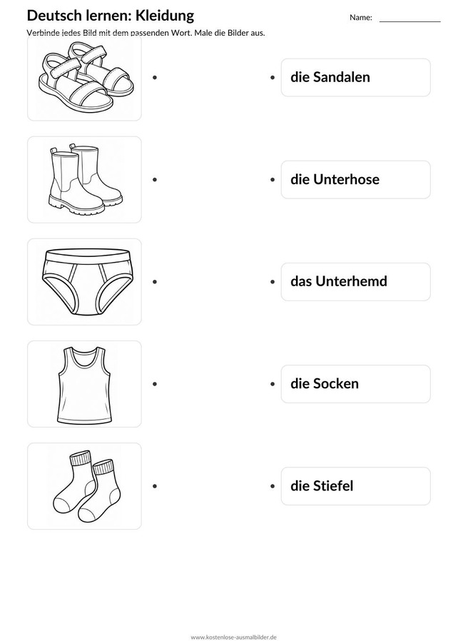 Ausmalbild Zuordnung Sandalen Unterhose Unterhemd