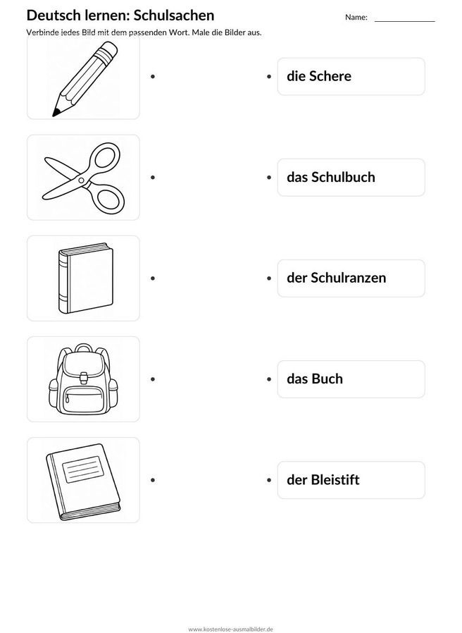 Ausmalbild Zuordnung Schere Schulbuch Schulranzen