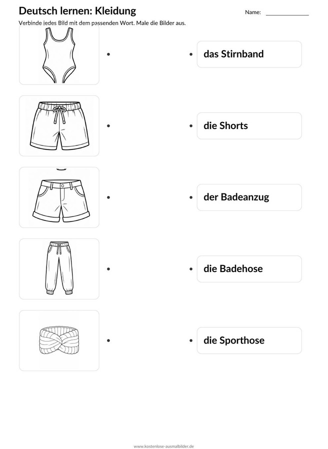 Ausmalbild Zuordnung Stirnband Shorts Badeanzug