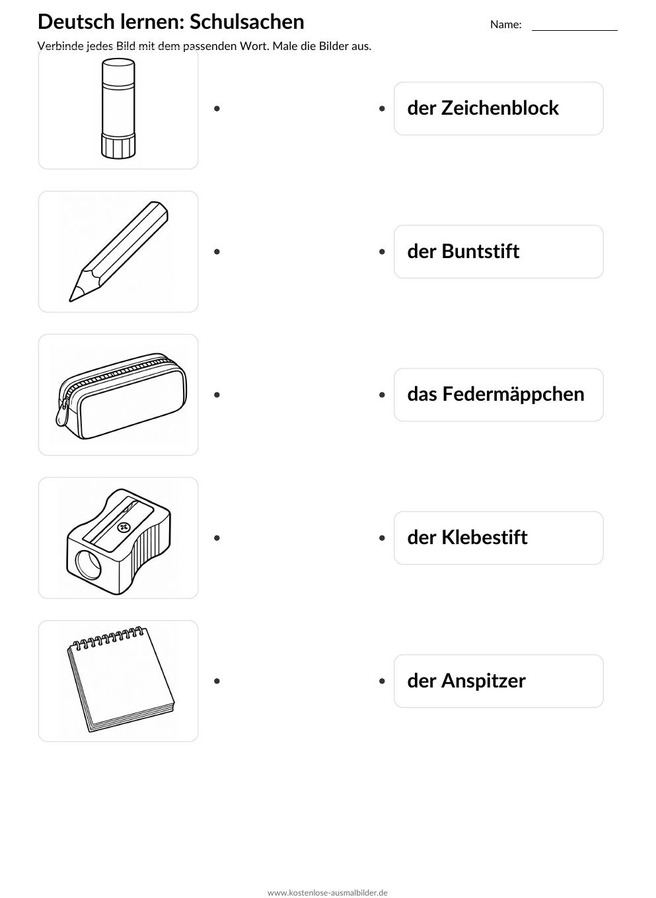 Ausmalbild Zuordnung Zeichenblock Buntstift Federmäppchen