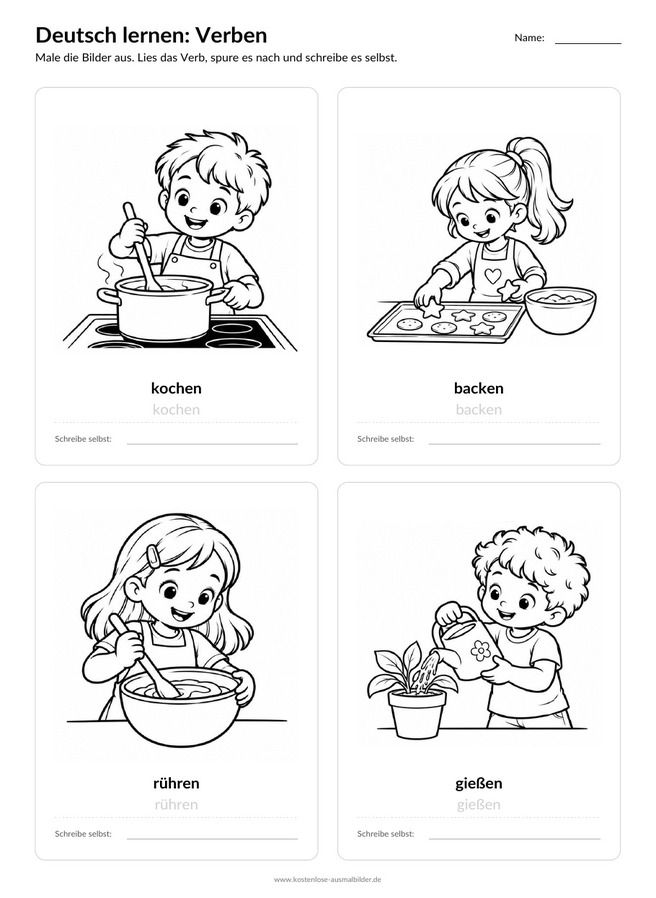 Ausmalbild Arbeitsblatt kochen backen rühren giessen