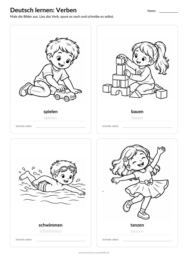 Ausmalbild Arbeitsblatt spielen bauen schwimmen tanzen