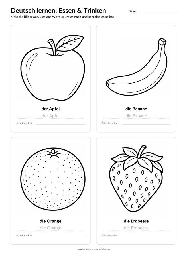 Ausmalbild Arbeitsblatt Apfel Banane Orange Erdbeere
