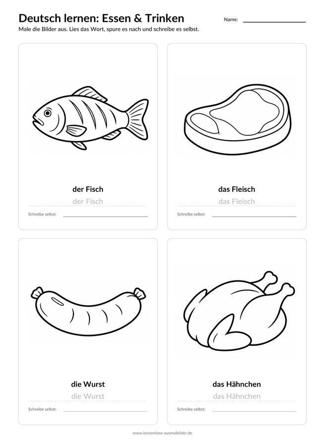 Ausmalbild Arbeitsblatt Fisch Fleisch Wurst Hähnchen