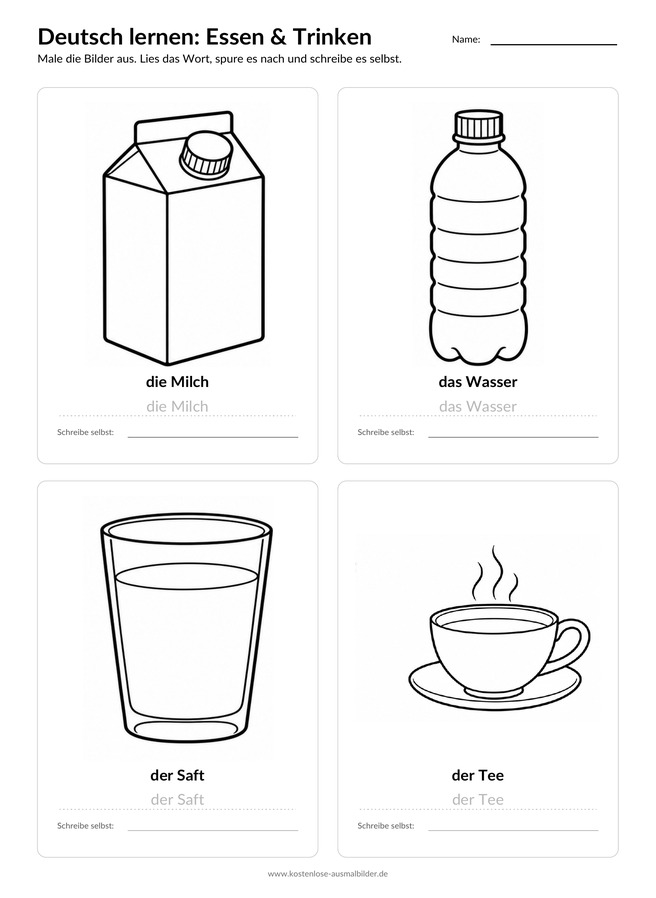 Ausmalbild Arbeitsblatt Milch Wasser Saft Tee