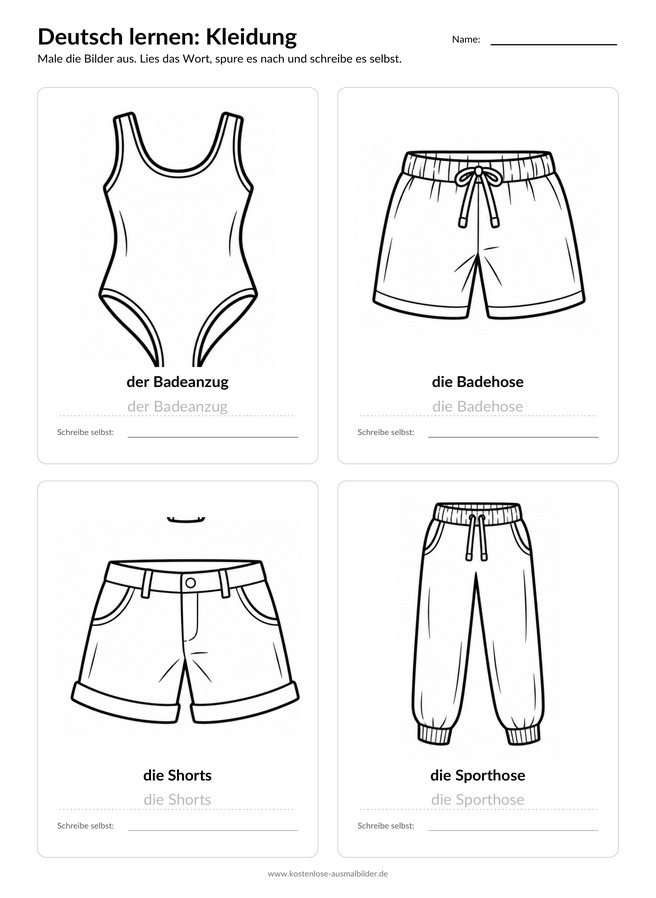 Ausmalbild Arbeitsblatt Badeanzug Badehose Shorts Sporthose