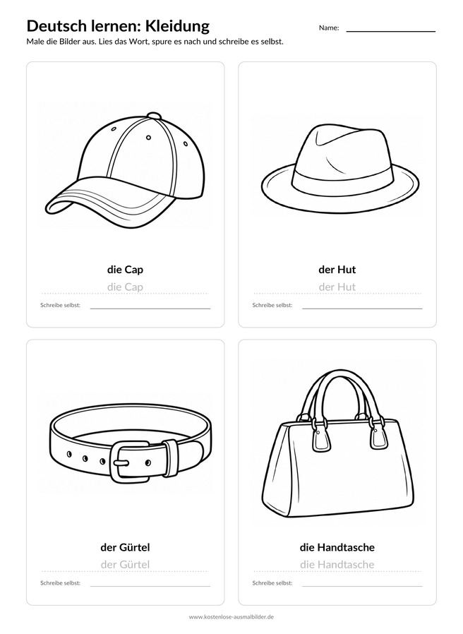 Ausmalbild Arbeitsblatt Cap Hut Gürtel Handtasche