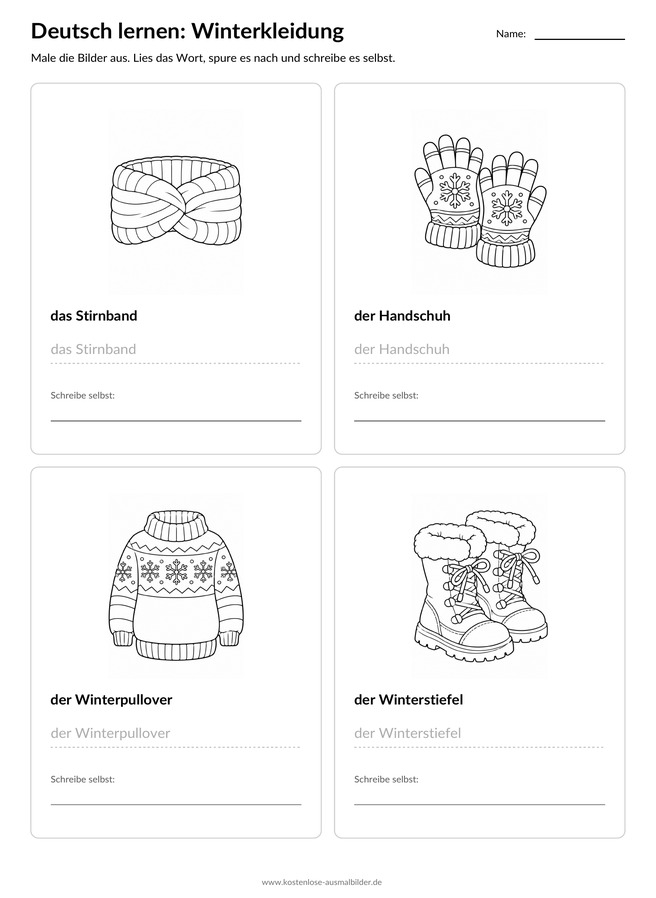 Ausmalbild Arbeitsblatt Stirnband Handschuh Winterpullover Winterstiefel