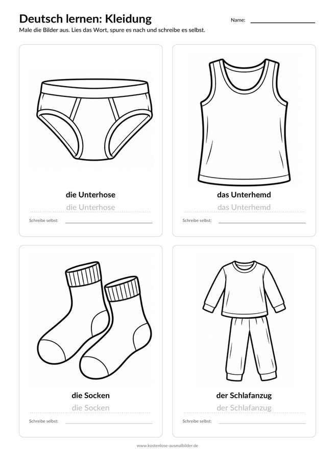Ausmalbild Arbeitsblatt Unterhose Unterhemd Socken Schlafanzug