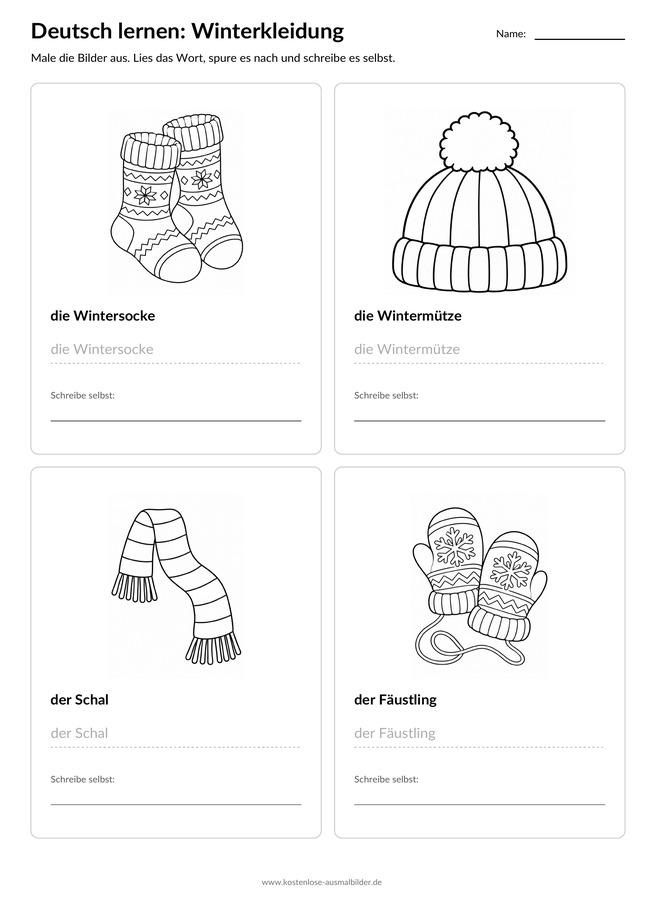 Ausmalbild Arbeitsblatt Wintersocke Wintermütze Schal Fäustling