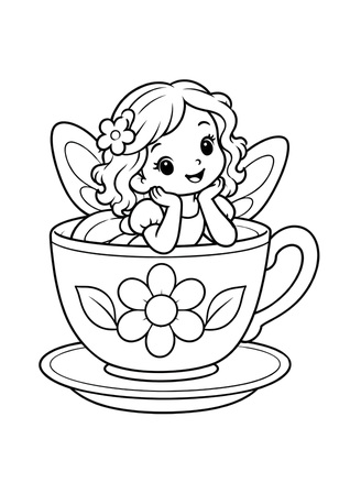 Ausmalbild Fee in Teetasse