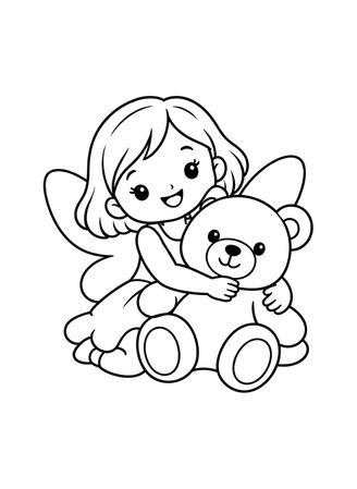 Ausmalbild Fee kuschelt mit Teddy