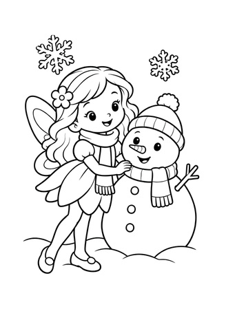 Ausmalbild Winterfee mit Schneemann