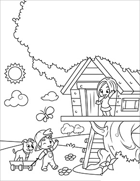 Ausmalbild Kinder spielen in einem Baumhaus