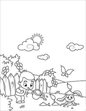 Ausmalbild kleiner Junge giesst Blumen