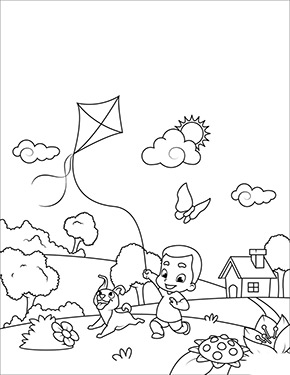 Ausmalbild kleiner Junge spielt mit Hund