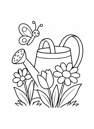 Ausmalbild Giesskanne mit Frühlingsblumen