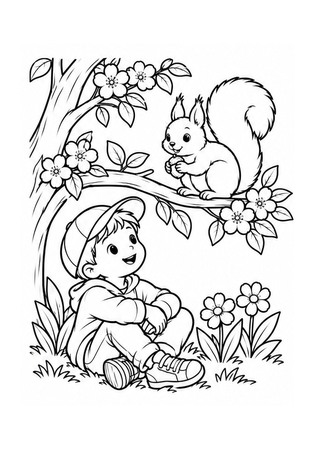 Ausmalbild Junge beobachtet Eichhörnchen