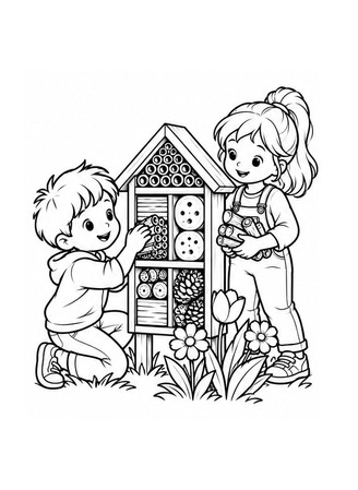 Ausmalbild Kinder bauen ein Insektenhotel