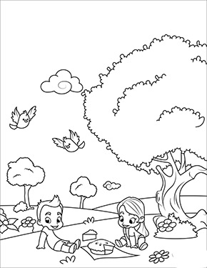 Ausmalbild Kinder beim Picknick