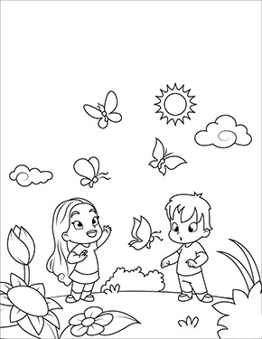 Ausmalbild Kinder und Schmetterlinge