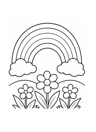 Ausmalbild Regenbogen über Frühlingsblumen