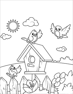Ausmalbild Vögel mit Vogelhaus