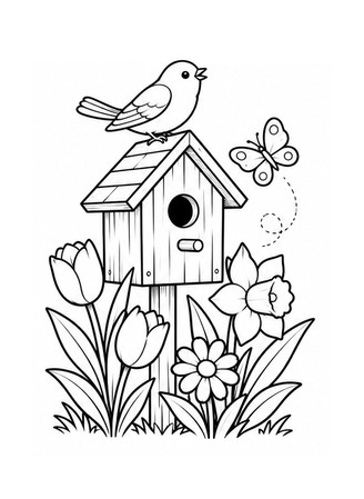 Ausmalbild Vogelhaus im Frühlingsgarten