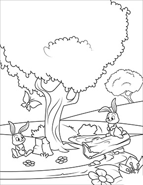 Ausmalbild zwei Osterhasen im Wald