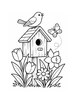 Ausmalbild Vogelhaus im Frühlingsgarten