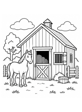 Ausmalbild Bauernhof mit Pferd am Stall