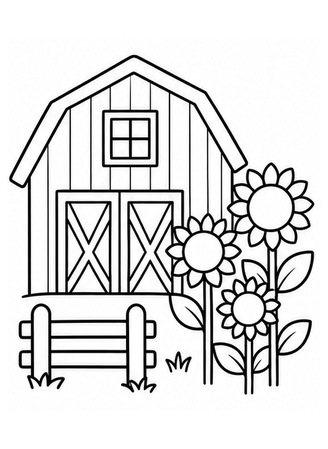 Ausmalbild Bauernhof mit Sonnenblumen