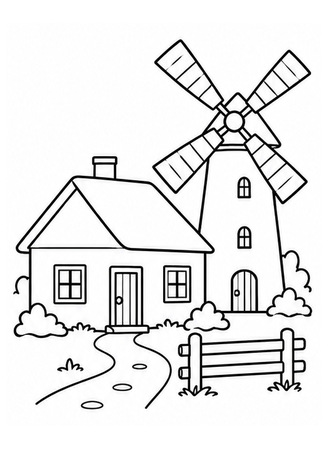 Ausmalbild Bauernhof mit Windmühle