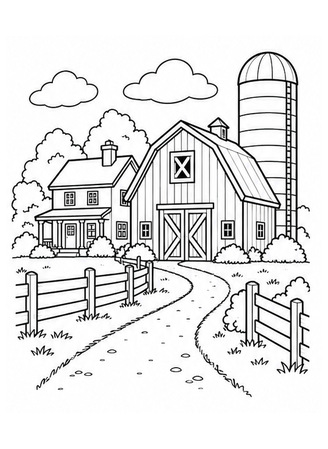 Ausmalbild Bauernhof mit hohem Silo