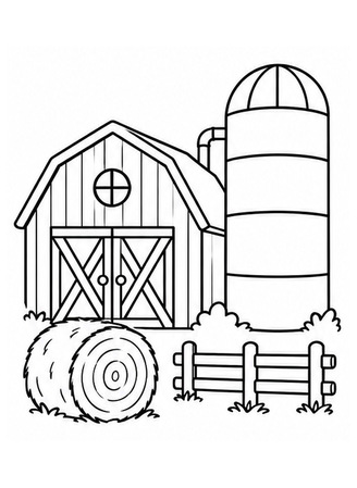 Ausmalbild Bauernhof mit rundem Silo