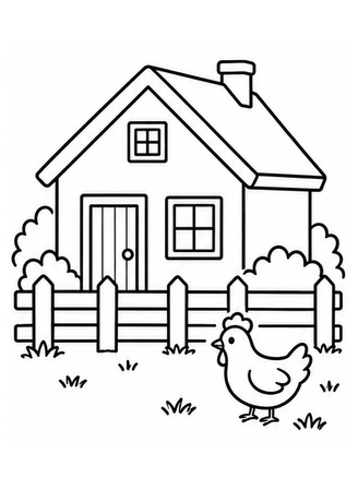 Ausmalbild Einfacher Bauernhof mit Huhn