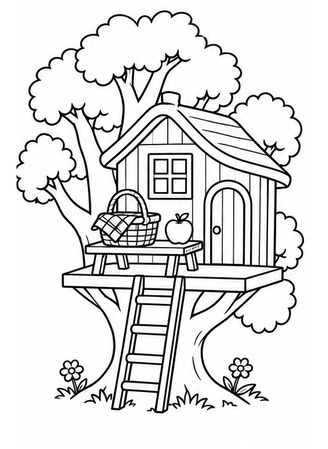 Ausmalbild Baumhaus mit Picknickkorb