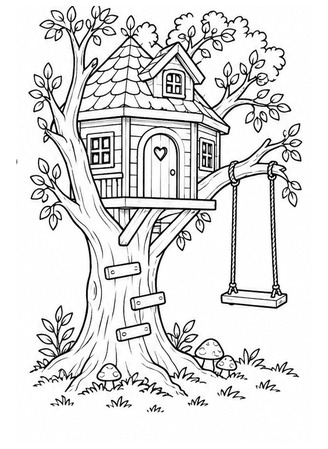 Ausmalbild Baumhaus mit Schaukel
