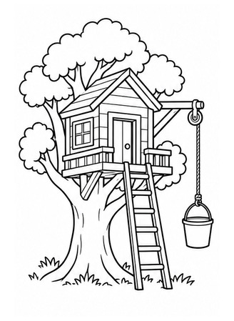 Ausmalbild Baumhaus mit Seilzug und Eimer