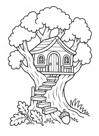 Ausmalbild Baumhaus mit Treppe am Baumstamm